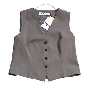 Zara Womens Large Green Gray Suit Vest NWT Business Chic Waistcoat